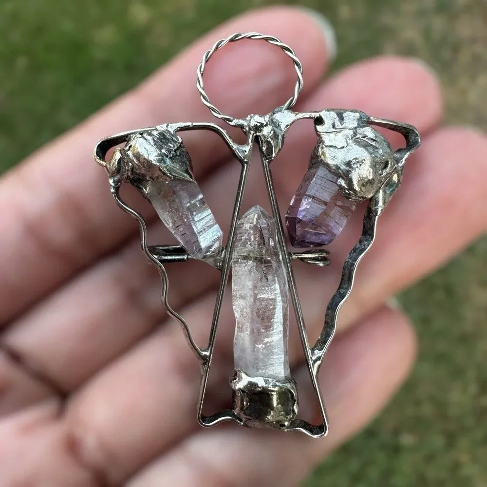 VTG Artisan Brooch Pin‎ Pendant 2 Inch Angel Halo Quartz Crystal Sterling 12.1g